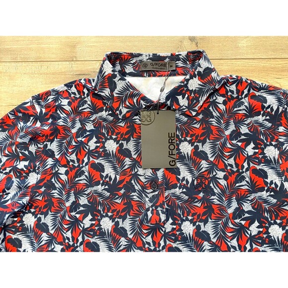 G/Fore Short Sleeve Golf Polo Mens M Stretch Blue/Red/Multi Tropical Print Shirt - Picture 3 of 9